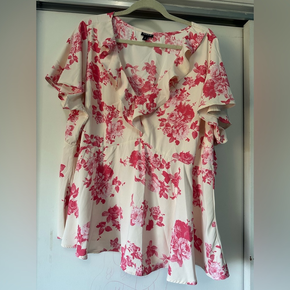 Torrid Floral Ruffle Blouse - Pink and Cream